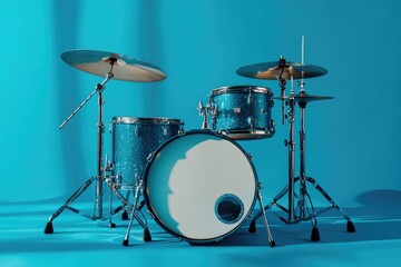Blue drum set stands on a blue background in a recording studio