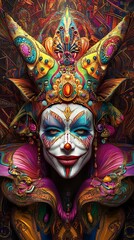 Obraz premium Vibrant Digital Painting of a Carnival Jester Mask. AI Generated