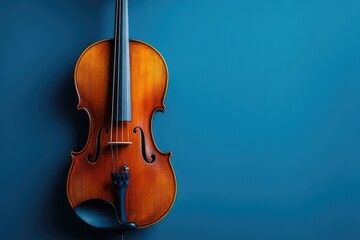Fototapeta premium Classic wooden viola hanging on blue background with copy space