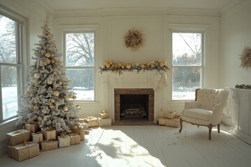 White room with fireplace, decorated Christmas tree, golden ornaments, and gift boxes scattered around, creating a warm, festive atmosphere with natural lighting.