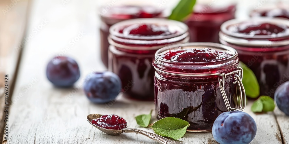 Poster Plum jam neatly stored in jars, accompanied by a spoon, creates a rustic display on a white wooden table, highlighting the rich color and texture of homemade plum jam.