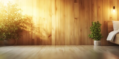 Defocused abstract background showcasing a wooden wall in a bedroom setting, highlighting the unique textures and colors of the wooden wall, creating an inviting and serene atmosphere.