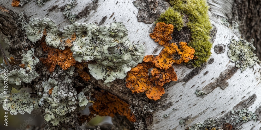 Leinwandbilder close up image of a birch trunk fragment, showcasing the bark adorned with lush moss and intricate l