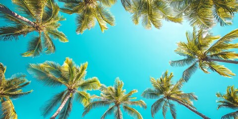 Low angle view showcasing fresh green coconut trees reaching towards a clear blue sky, highlighting the beauty of nature and the vibrant colors of the fresh green coconut trees.