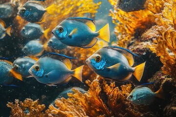 Fototapeta premium School of powder blue tang fish swimming in coral reef ecosystem