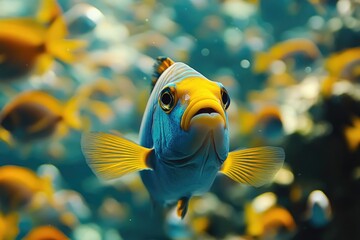 Obraz premium Tropical fish swimming in aquarium with blurred fish in background