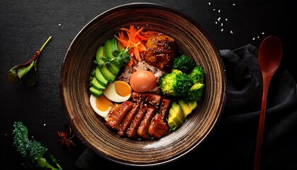 A colorful, healthy Buddha bowl sits on a wooden table with a green napkin and utensils.