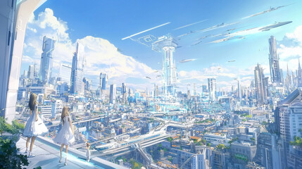 Fototapeta premium A cityscape with a futuristic skyline and a woman walking on a bridge