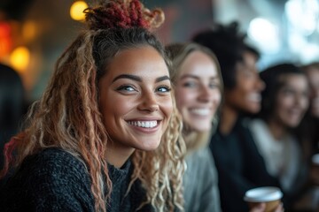 Fototapeta premium Young smiling woman with dreadlocks enjoying time with friends in a cafe