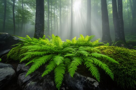 Sunbeams filtering through fog illuminating lush ferns in a forest