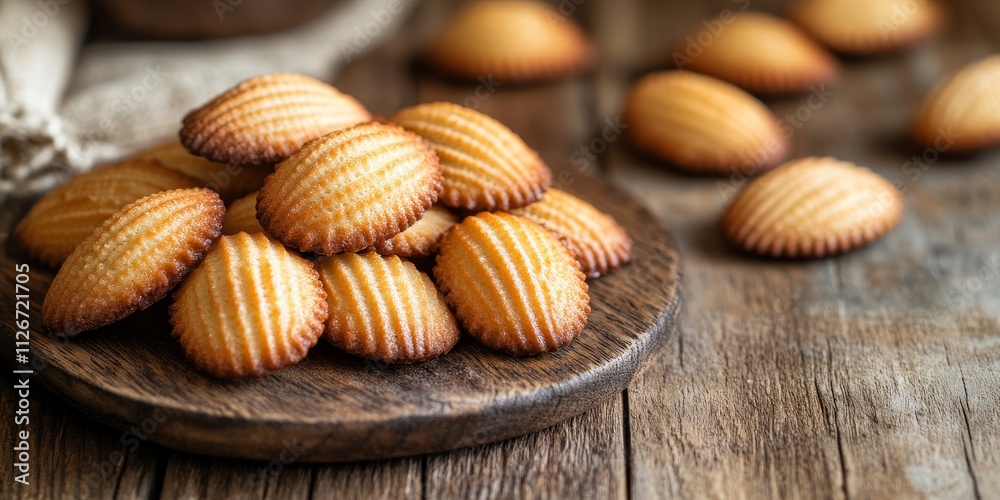 Poster delicious french dessert biscuits, known as madeleine cookies, create a delightful sweet meal or sna