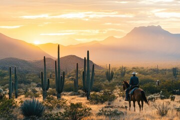 Cowboy riding horse at sunset in arizona desert landscape with saguaro cacti