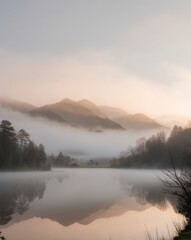 Obraz premium Foggy Valley with Morning Light and Reflective Lake