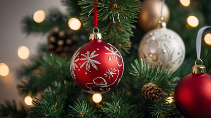 Fototapeta premium Banner or greeting card Christmas and New Year concept. Close up of red, white baubles on Christmas tree. Bokeh garlands in the background. 