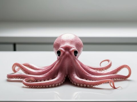 Pink octopus with black eyes on white surface.