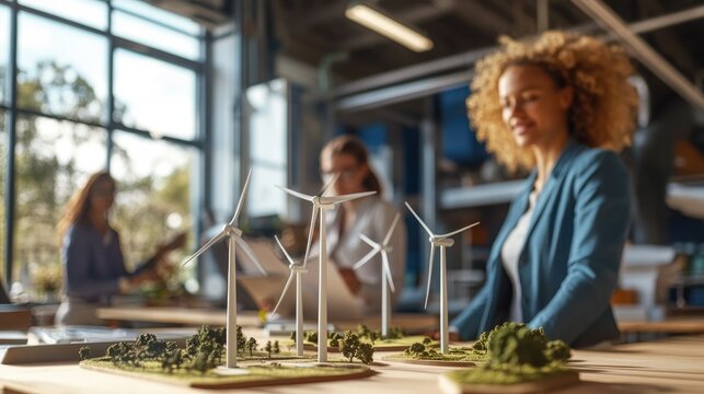Three women engineers review a wind turbine model on a table in an office.