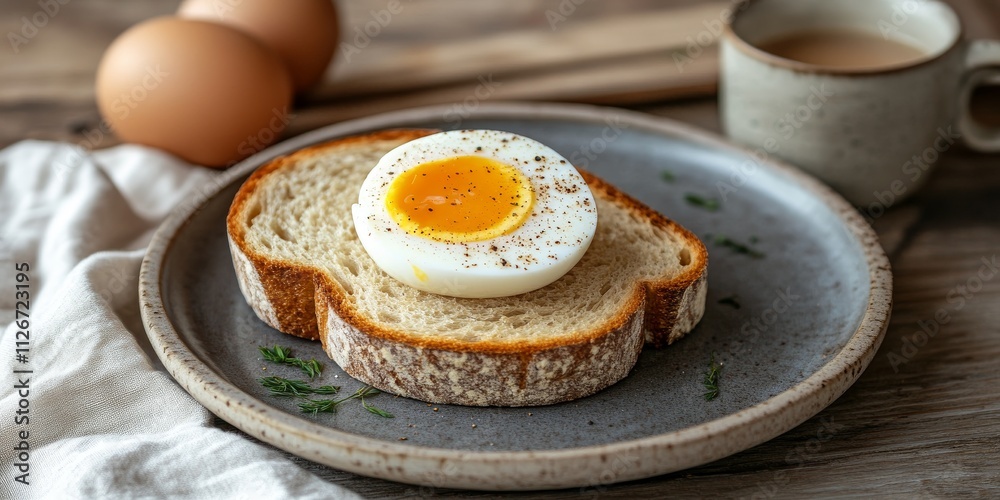 Poster Toaster bread topped with a half boiled egg is beautifully presented on a plate alongside a cup of coffee. This toaster bread creation adds a cozy touch to any setting with ample copy space.