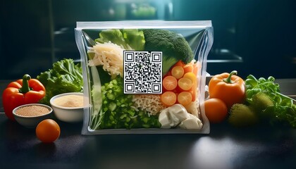 A variety of food trays, such as broccoli, bell peppers, lemons, eggs, greens, noodle bowls, sauce containers, and boxes with QR codes.