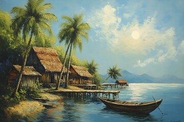 illustration of beautiful landscapes with mountains and lakes in watercolor, aquarelle look pencil art Countryside village landscape with church and houses illustration, design, vector, nature, travel