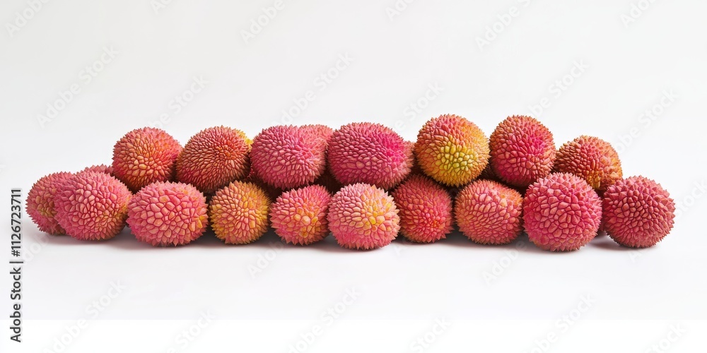 Poster Fresh lychees displayed on a white background, showcasing the vibrant texture and color of lychees. This image captures the essence of ripe lychees in a clean and appealing way.