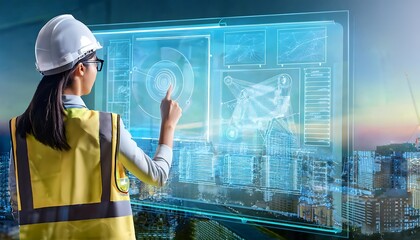 Architect reviews building plans using holographic technology on a tablet.