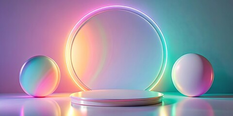 Obraz premium Abstract iridescent spheres and neon ring illuminate a circular platform
