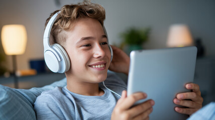A young Caucasian boy with curly hair enjoys music on a tablet while wearing headphones, creating a relaxed and joyful atmosphere in his cozy room.