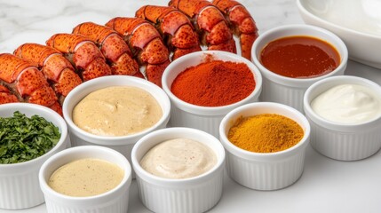 seafood lobster spices concept. Vibrant lobster tails next to an array of colorful sauces and spices in white bowls, showcasing a delicious seafood preparation.