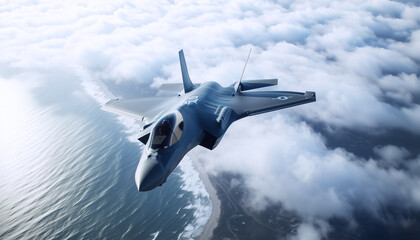 Top view of modern Fighting stealth multirole combat aircraft flying above clouds over deserted dry mountains and desert below. Military technology and defence industry concept