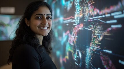 A woman is smiling at a large screen with a map of the world on it. The map is colorful and has many different countries and regions