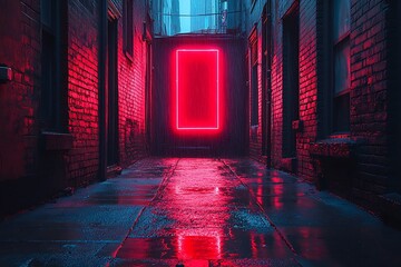 A rainy night in a dark city alley illuminated by red neon light