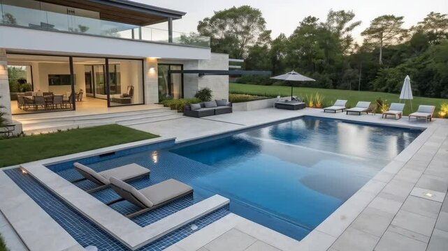 Modern villa with luxurious swimming pool and beautiful landscape