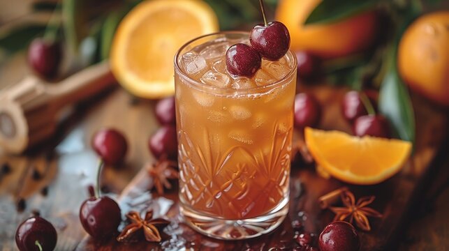 Refreshing Orange and Cherry Cocktail with Ice, Spices, and Fresh Fruit on Rustic Wooden Table
