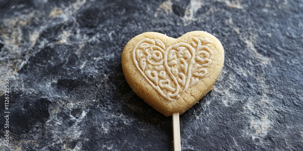 Poster heart shaped cookie on a stick, showcasing a delightful design. this cookie on a stick offers a char