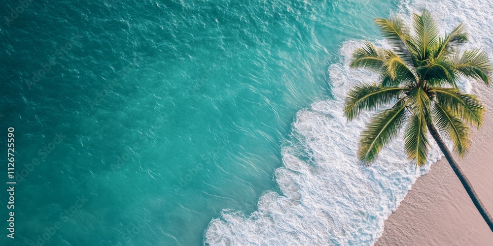 Poster Palm tree and ocean view create a minimal floral botanical aesthetic for a travel themed wallpaper. This palm tree and ocean view design captures the essence of travel beautifully.