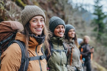 Hikers smiling and hiking in the mountains