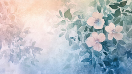 Soft watercolor florals in pastel tones, subtly scattered across a pale grayish-white background,