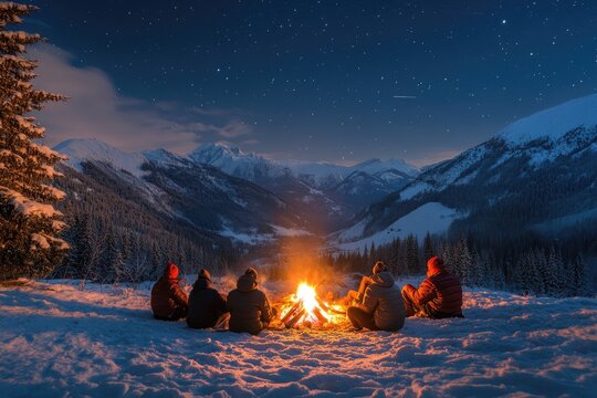 Hikers warming up around campfire in snowy mountain valley at night