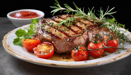 Delicious Grilled Steak with Roasted Tomatoes and Herbs A Mouthwatering Culinary Delight Perfect for Any Occasion, Showcasing Juicy Flavors and Vibrant Colors in Every Bite.