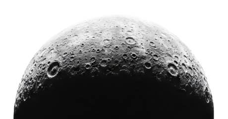 Semicircular moon surface with craters and shadows, isolated on transparent cutout background
