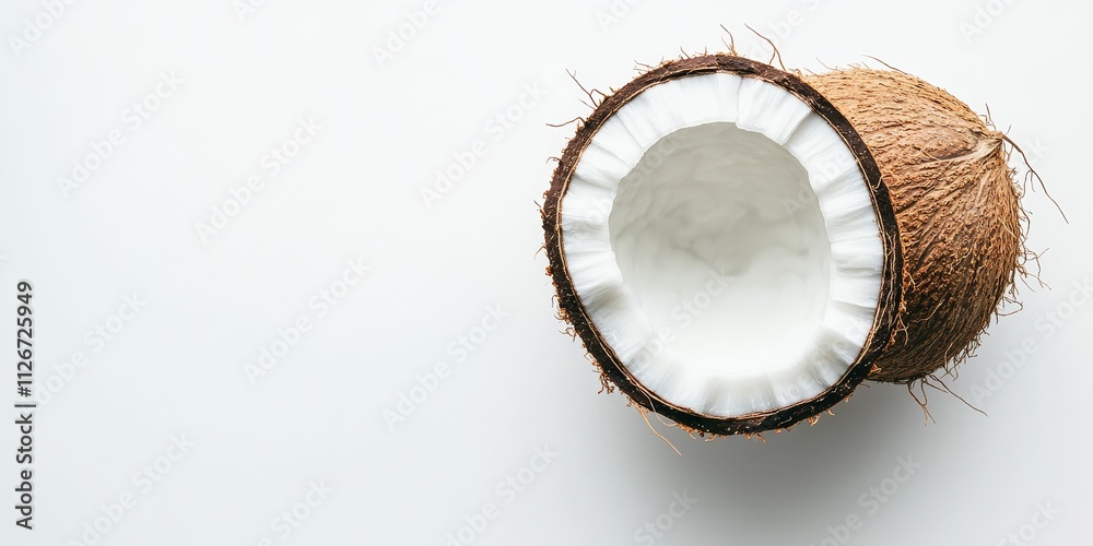 Poster Coconut isolated on a white background, featuring ample copy space for your text. This top view and flat lay of coconut highlights its unique texture and visual appeal.