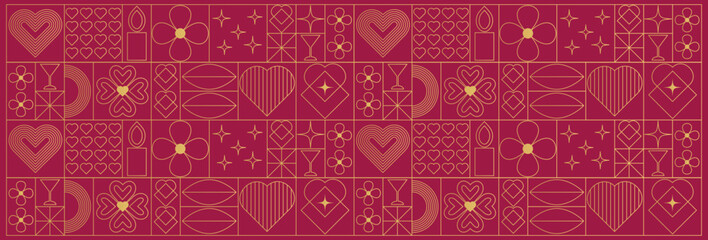 Geometric Valentine's Day pattern in linear style. Postcard, banner, poster with minimalistic gold line icons.