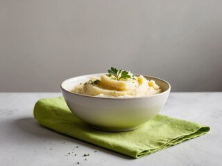 A bowl of mashed potatoes with parsley on a green napkin.