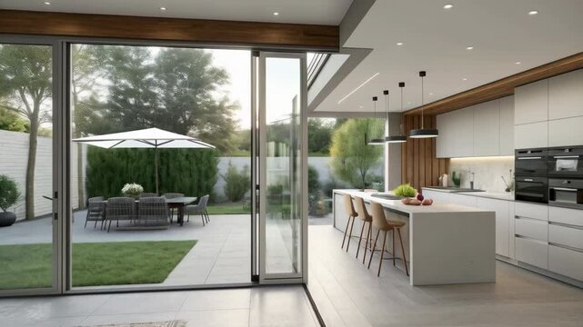 Modern Open Kitchen with Garden View and Outdoor Dining Space