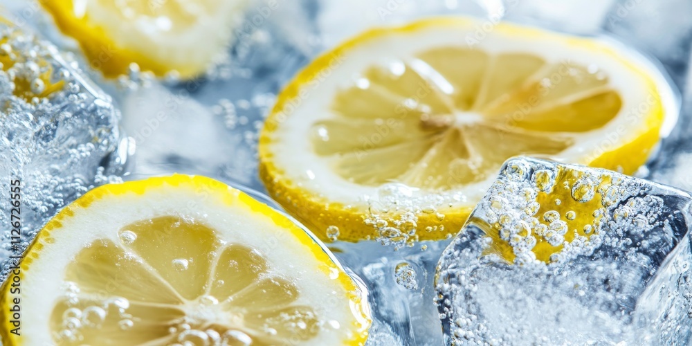 Poster Refreshing lemon and ice cubes perfectly complement the crispness of soda water, creating a delightful beverage highlighting the vibrant flavor of lemon and the chill of ice cubes.