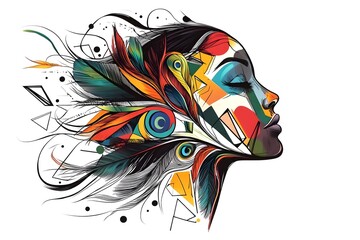 Side profile of a woman's head, crafted from flowing peacock feathers that elegantly blend into geometric shapes