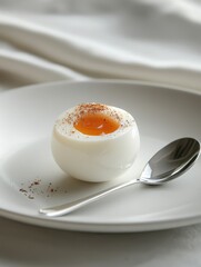 A beautifully plated soft-boiled egg with a glossy yolk, garnished and served with a spoon.