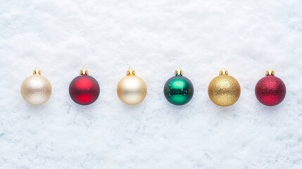 Festive Christmas Baubles in Red, Green, and Gold Arranged on Snowy Background.