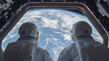 Astronauts Communicating in Space Station with Earth View