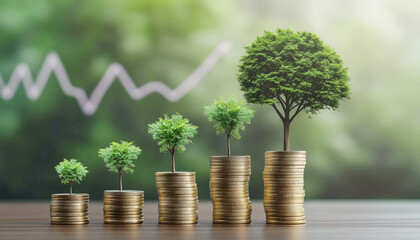 Financial growth concept image featuring stacks of gold BITcoins of increasing height symbolizing stages of growth investment, magic of compounding effect. Retirement and succes investment concept.